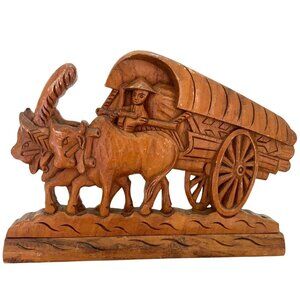 Vtg Artisan Handcrafted Wood Bullock Cart Carving Figurine Oxen Rider Folk Art